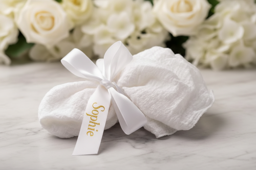 Ruban blanc écriture dorée noué en nœud élégant autour d'une serviette - marque place mariage personnalisé