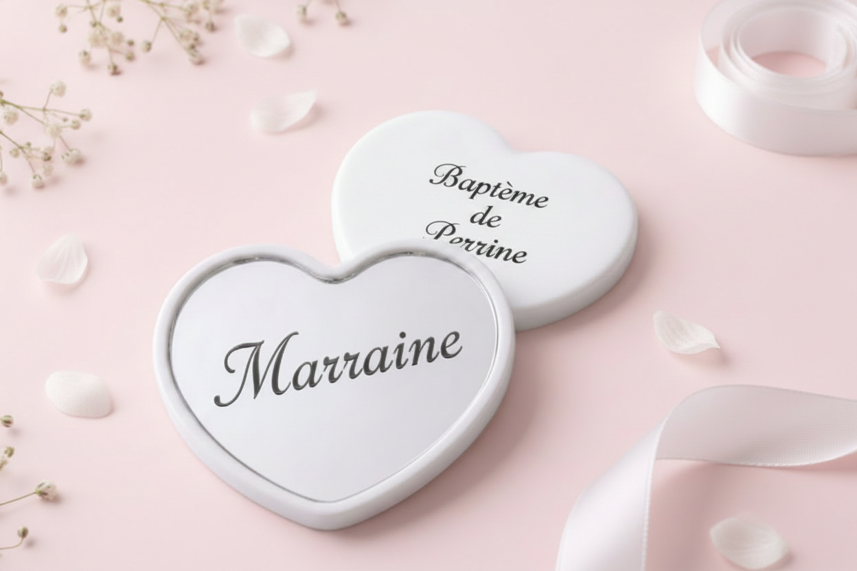 Miroir de poche cœur personnalisé - Marraine et Baptême de Perrine - cadeau invités baptême